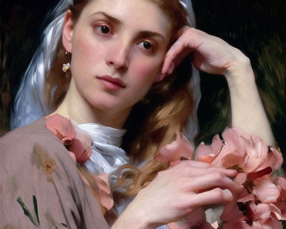 Classic Painting: Woman with Translucent Veil and Pink Flowers