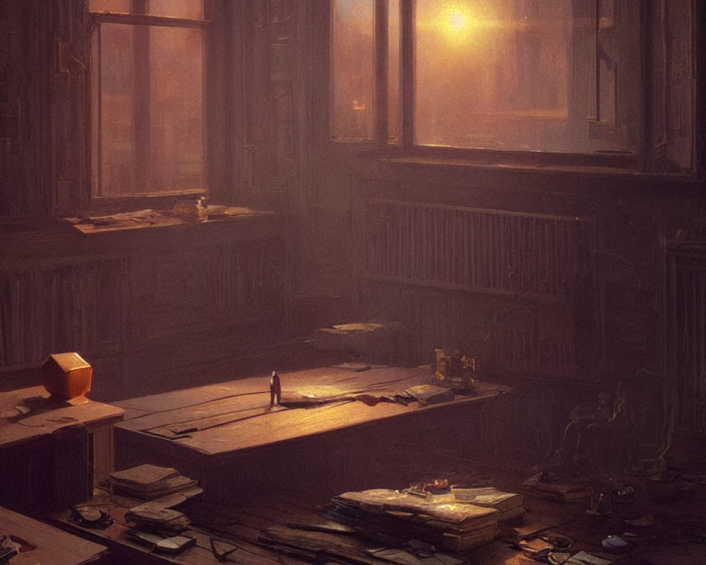 Vintage Study Room with Warm Sunset Light and Tranquil Atmosphere