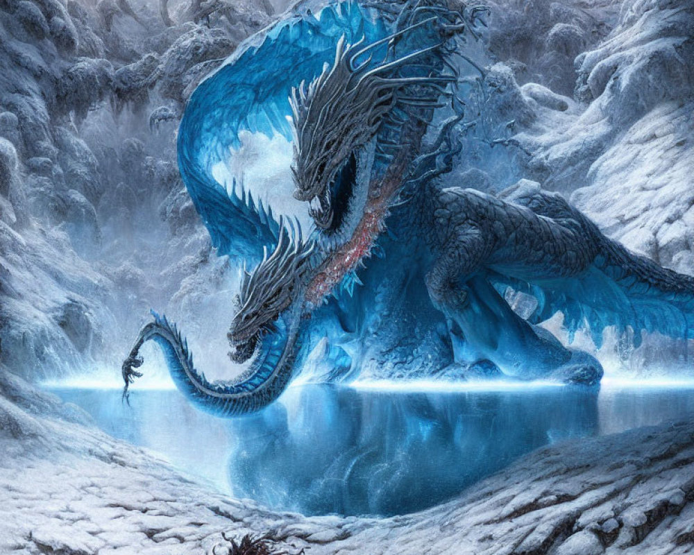 Blue dragon with icy spikes by frozen lake in snow-covered forest