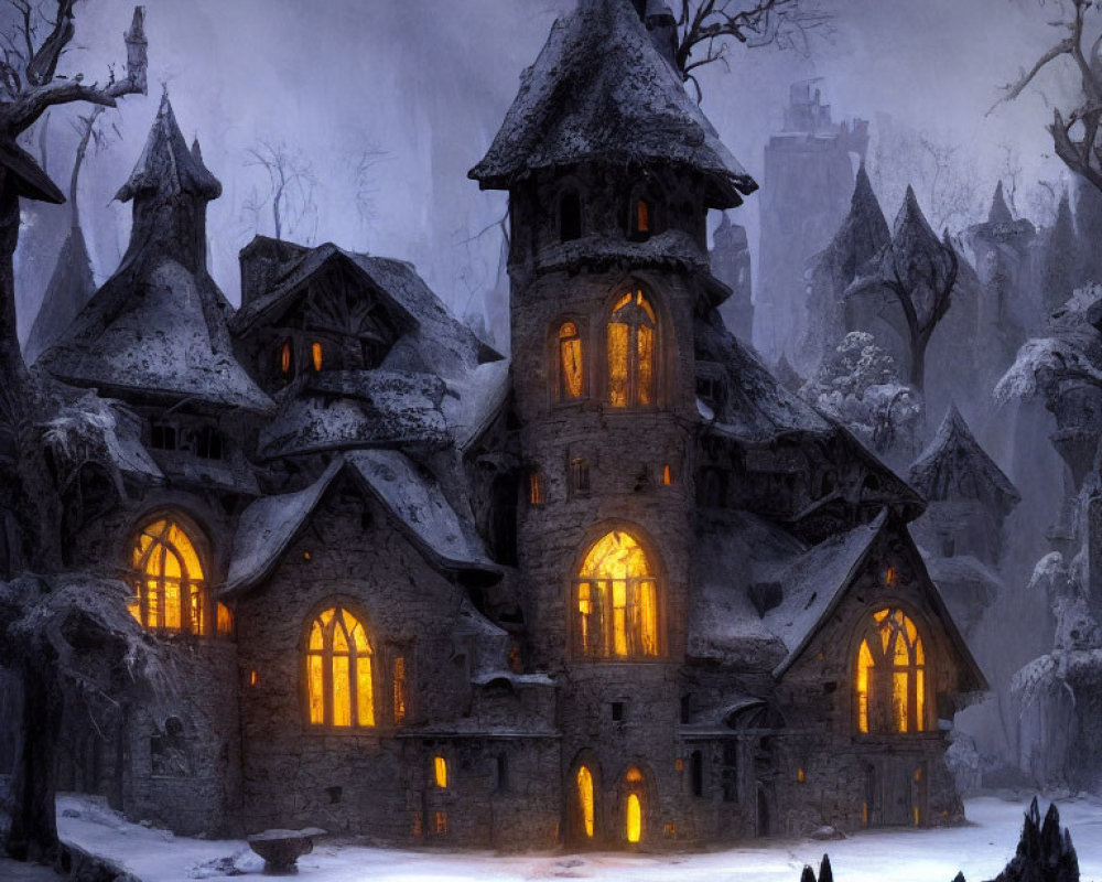 Gothic mansion in twilight with warm lit windows in snowy landscape