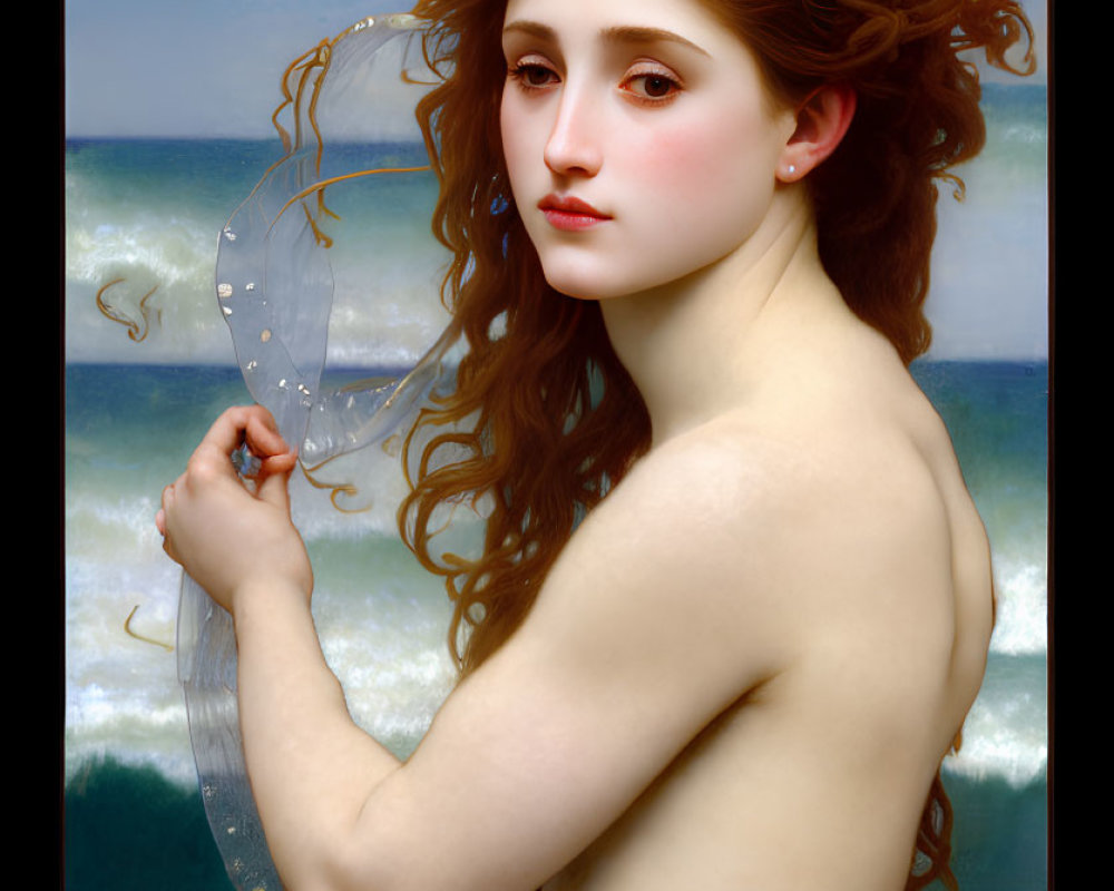 Nude woman with red hair in contemplative pose by the sea