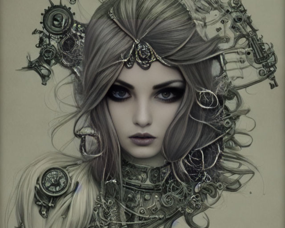 Fantasy portrait of a female figure with intricate mechanical adornments in her hair