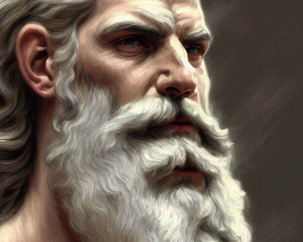 Mythical figure with white beard and intense gaze