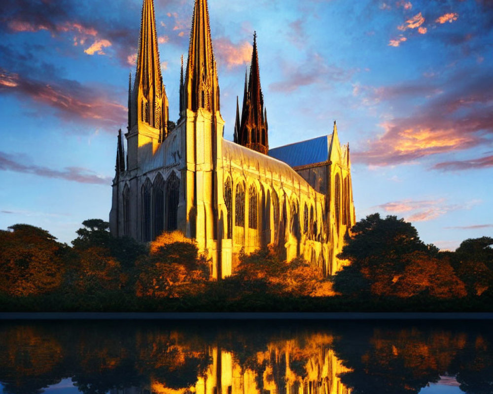 Gothic Cathedral with Tall Spires by Tranquil Water at Sunset