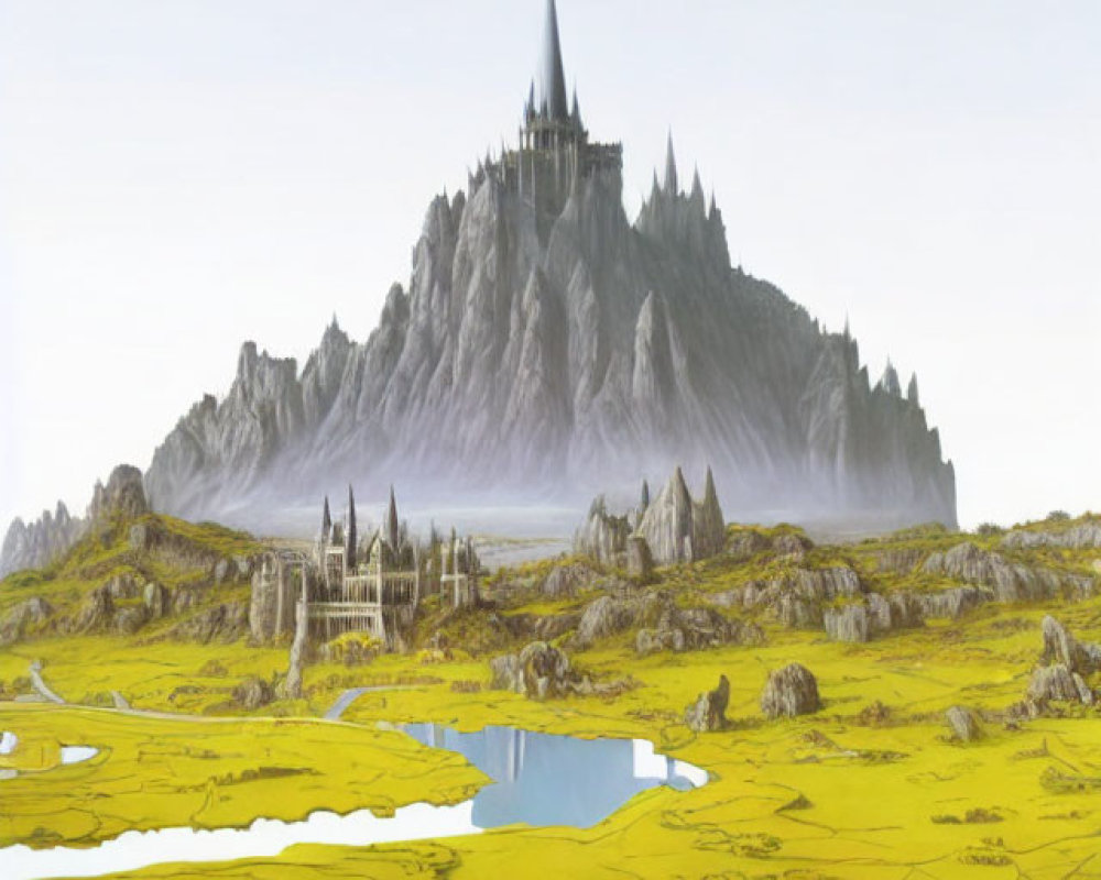 Majestic castle on rugged mountain in fantasy landscape