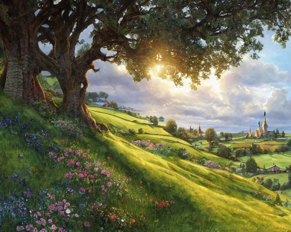 Vibrant wildflowers, green hills, ancient tree, castle in sunny landscape