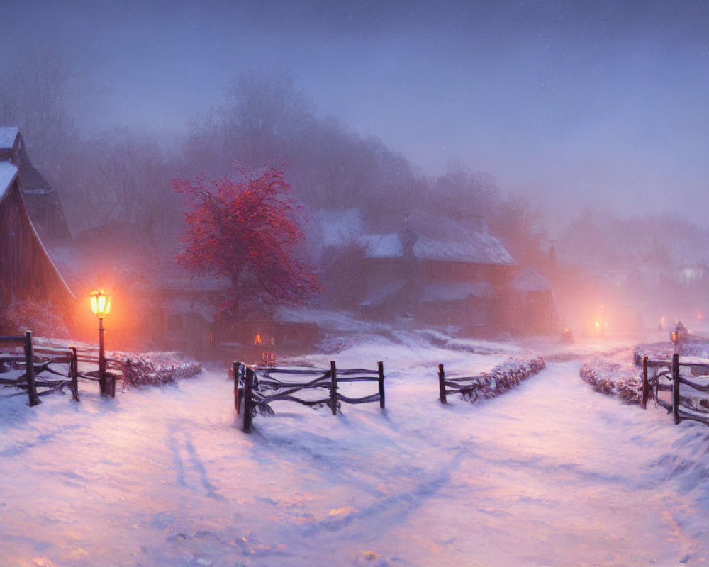 Snowy village at dusk: glowing street lamps, footprints, wooden houses, reddish tree