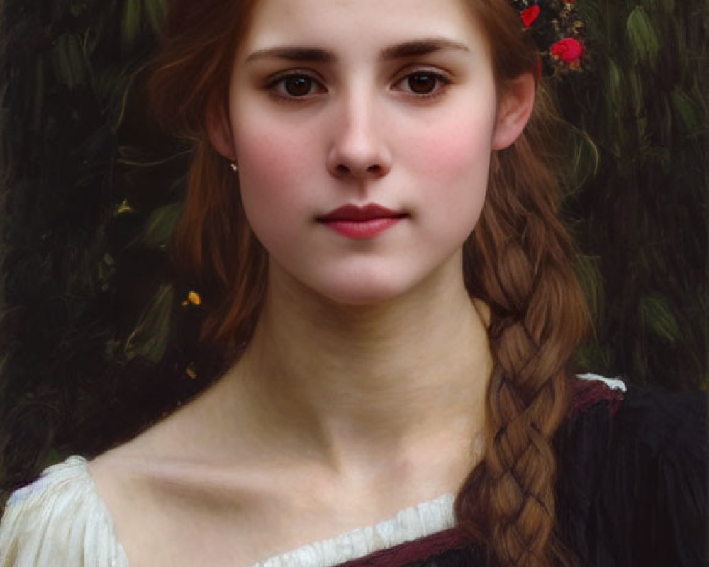 Young Woman with Braided Hairstyle and Floral Headpiece in Vintage Dress