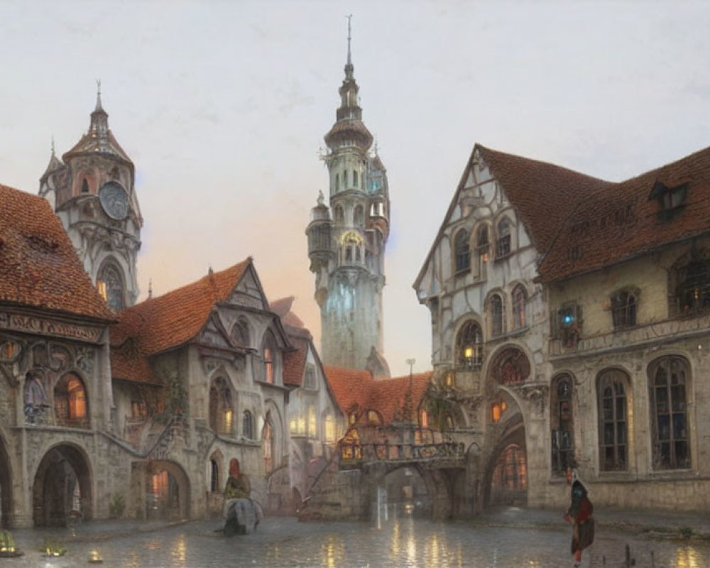 Medieval fantasy town with clock tower and figure in red