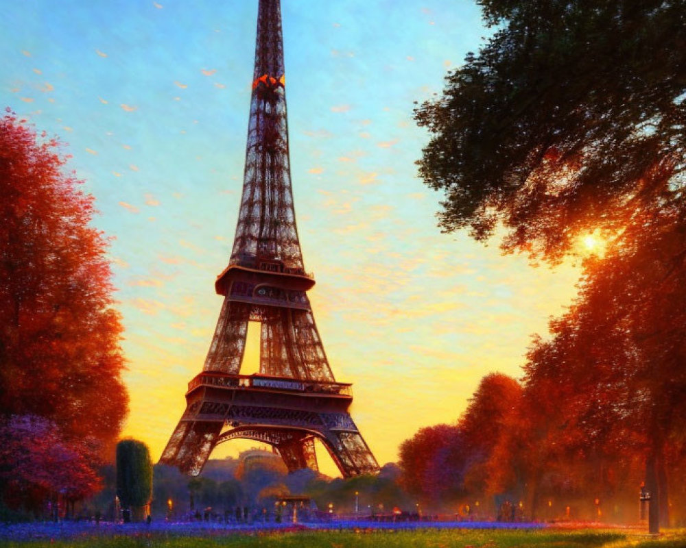 Eiffel Tower in park at sunset with flowers and vibrant sky