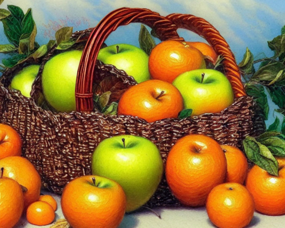 Still Life Painting of Wicker Basket with Green Apples and Oranges