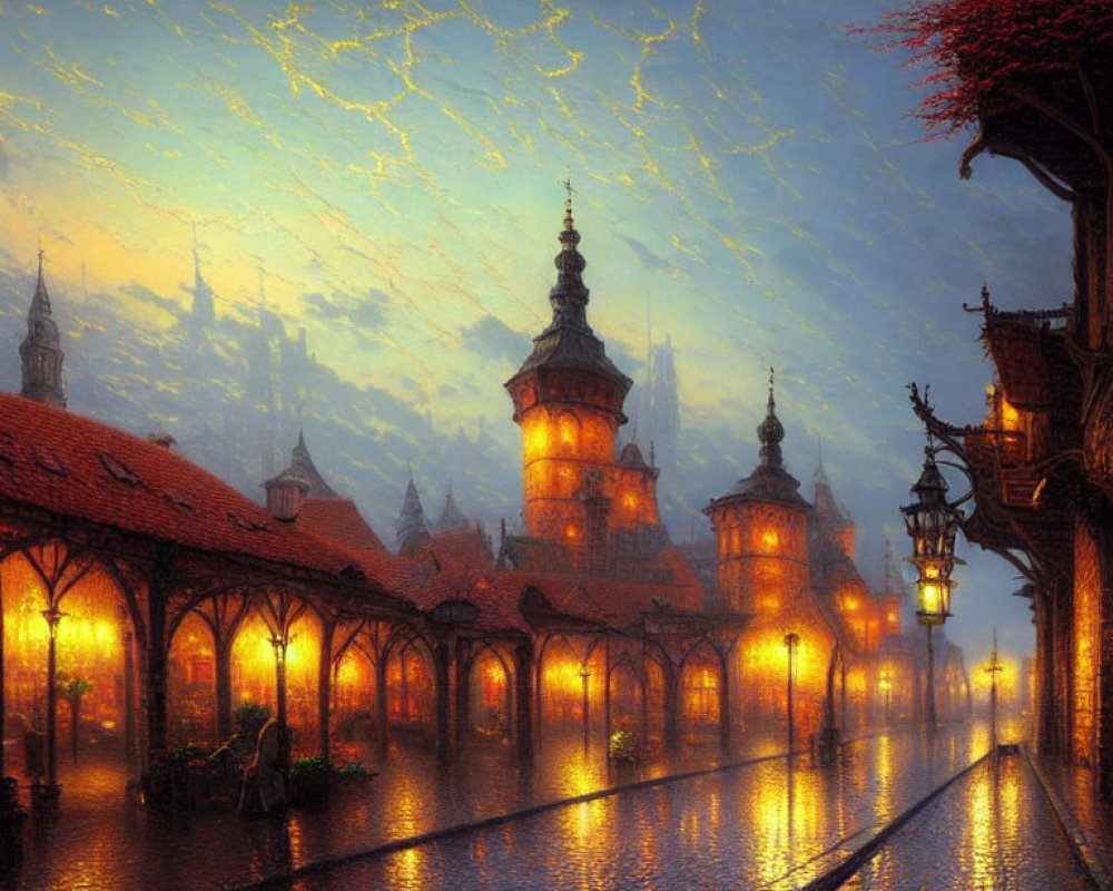 Fantasy-inspired cobblestone street at dusk with vintage lanterns and ornate buildings