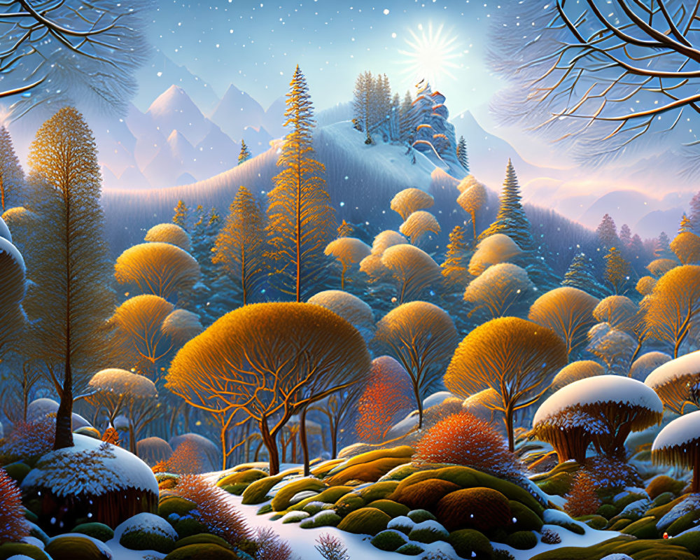 Snow-covered trees and mountains under a bright sun in a serene winter landscape