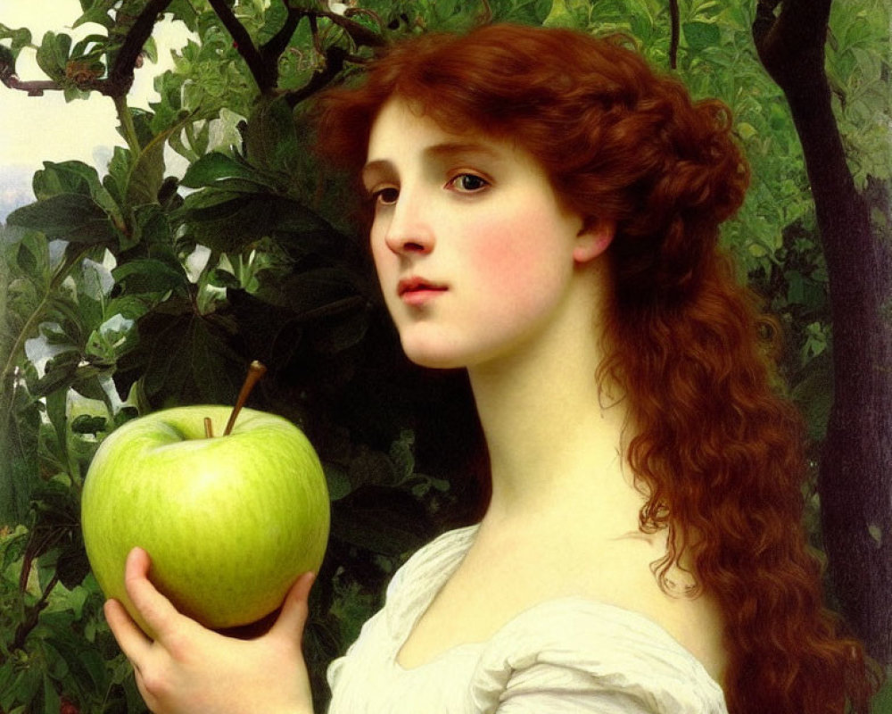 Portrait of woman with red hair holding green apple in lush greenery