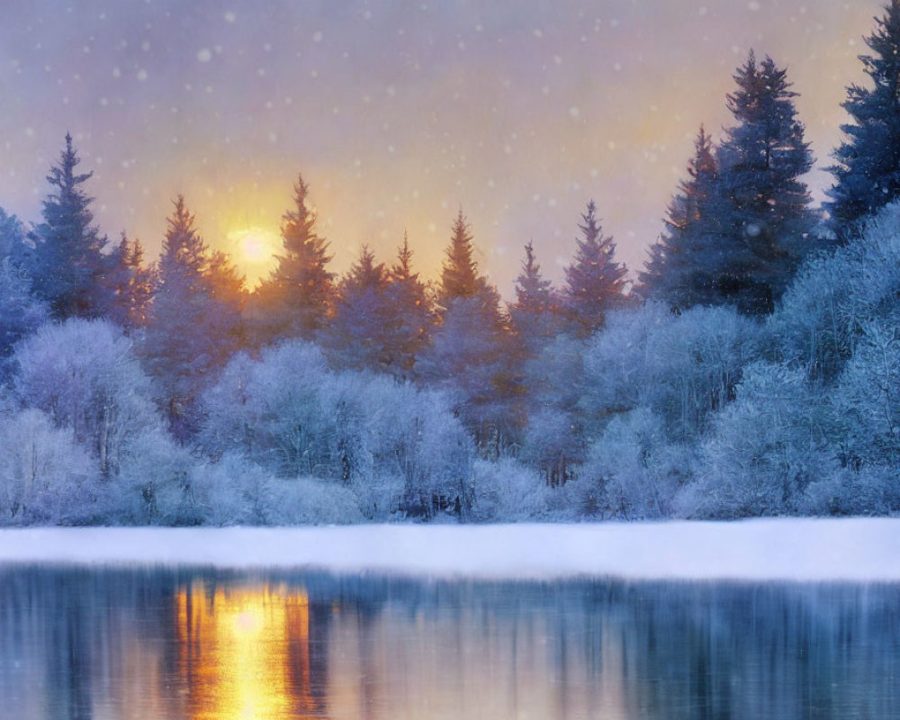 Winter landscape: snow-covered trees, calm lake, sunrise, falling snowflakes