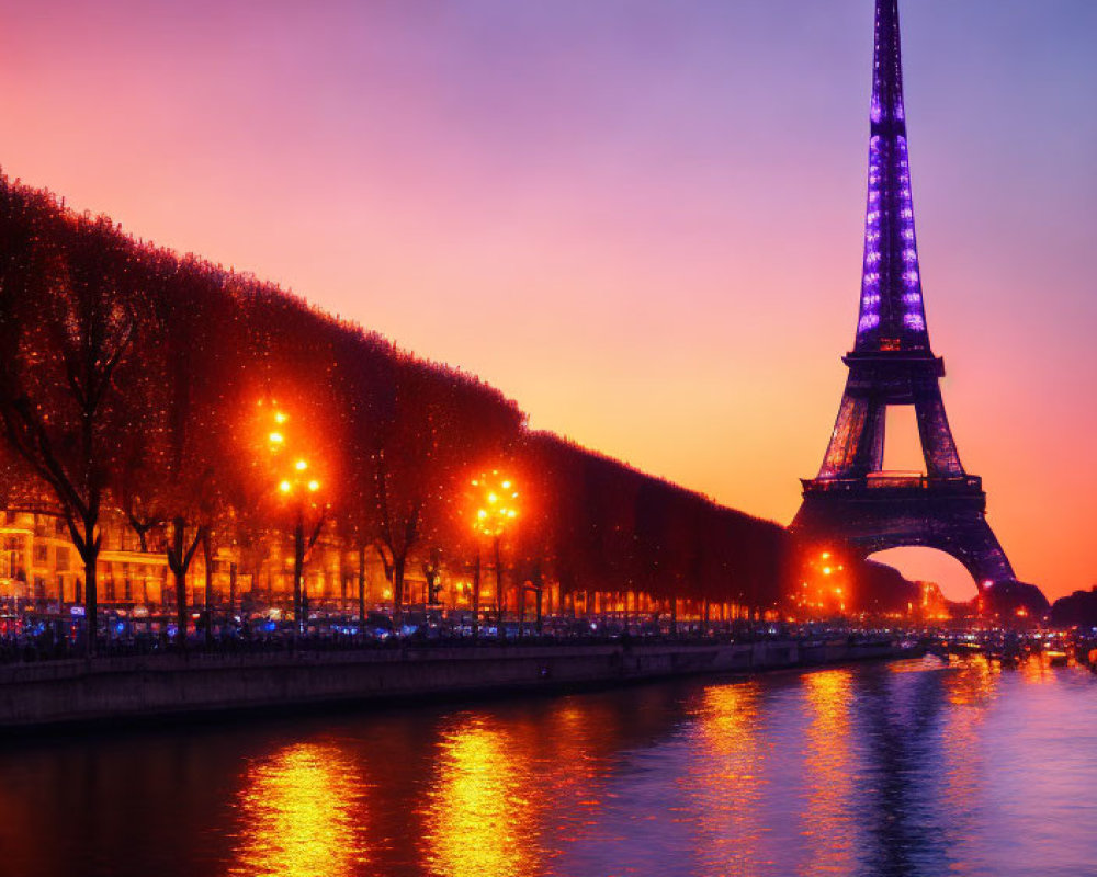 Iconic Eiffel Tower and riverside trees at twilight with vibrant sky over Seine River.