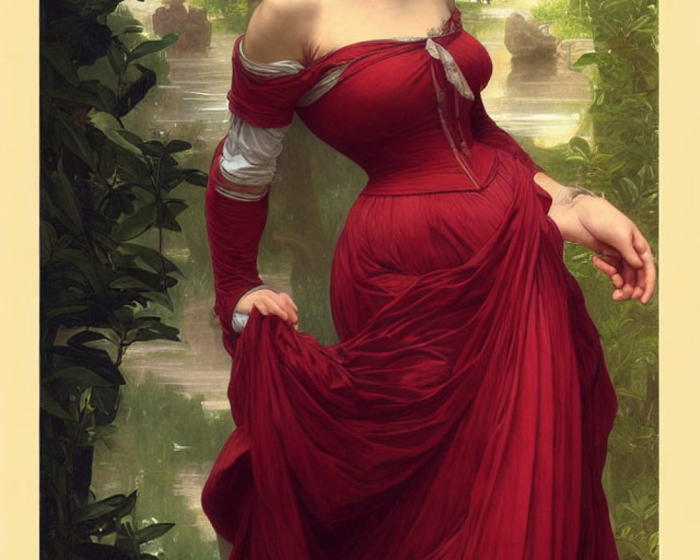 Woman in flowing red gown in serene garden setting