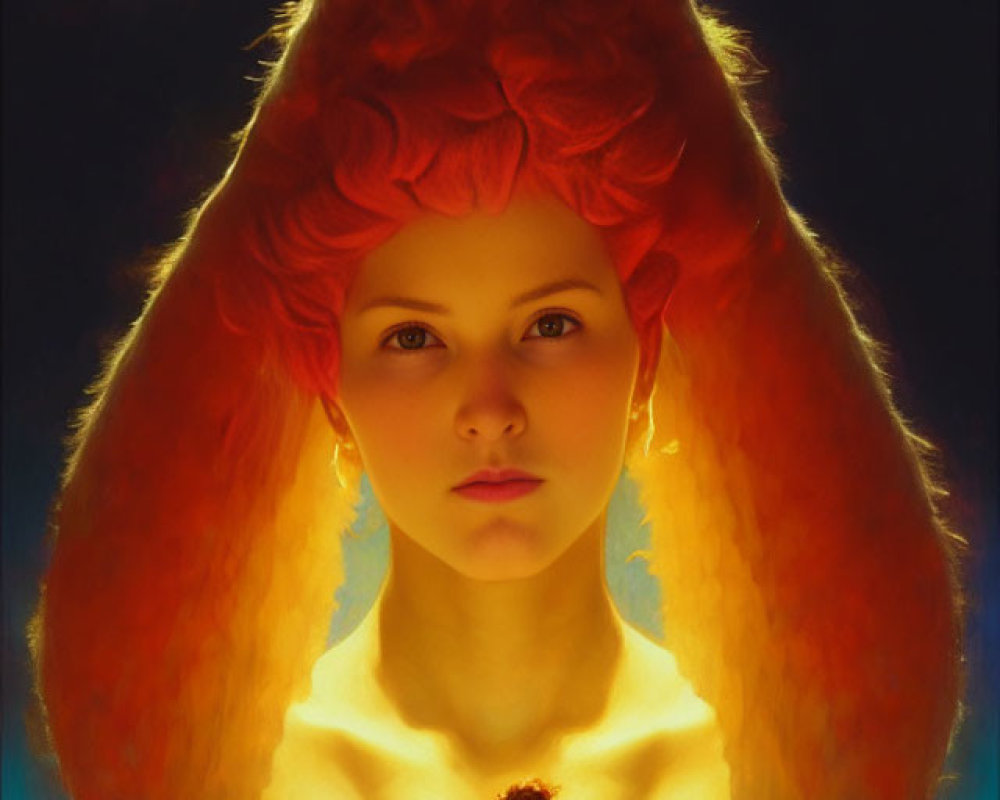 Portrait of a girl with fiery red flame-like hair in soft light against dark background