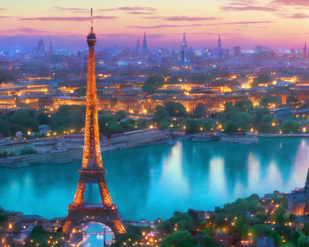 Eiffel Tower and Paris Cityscape at Twilight with Seine River