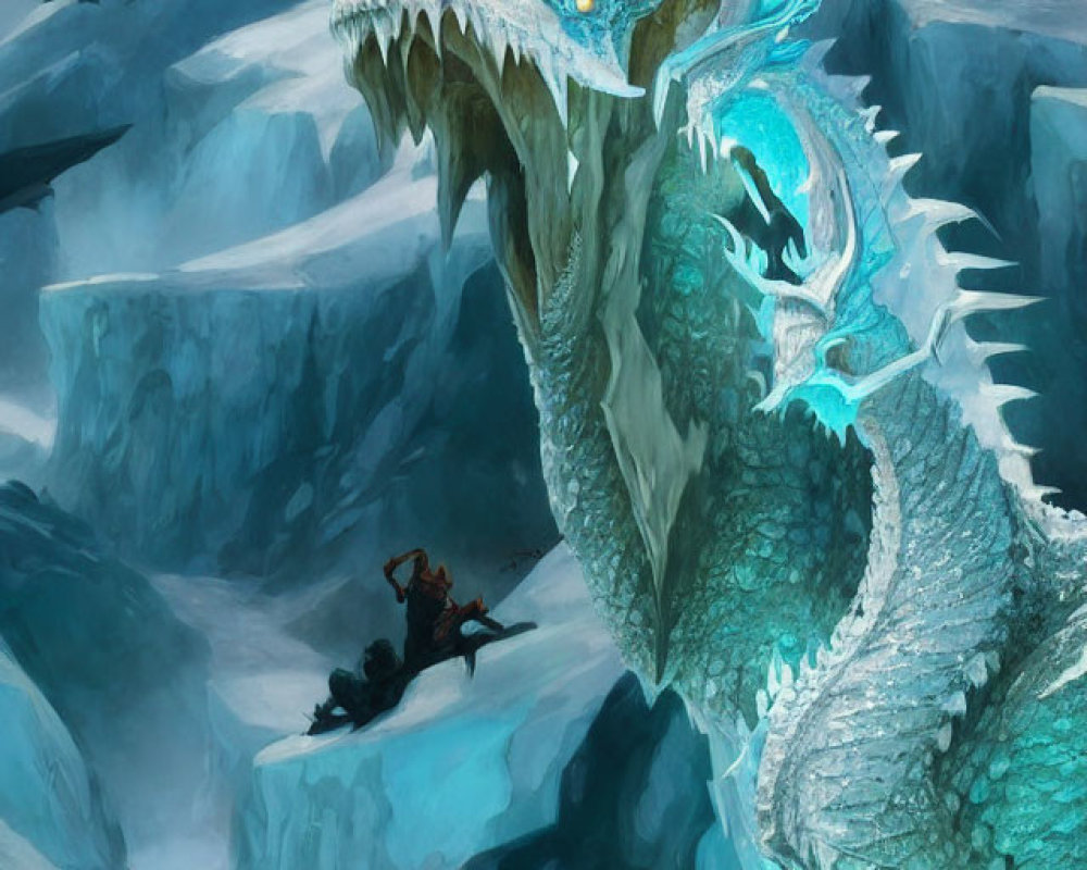 Icy Blue Dragon Over Lone Warrior in Snowy Cliffs