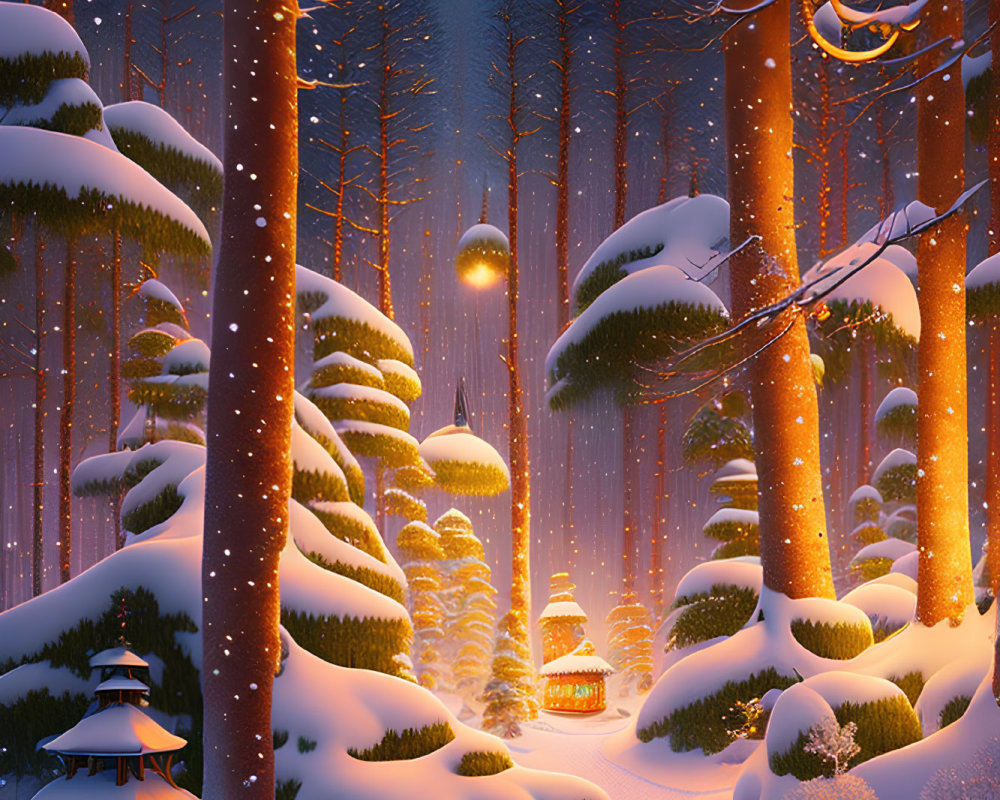 Snow-covered trees and glowing street lamps in serene winter forest dusk