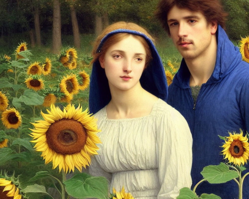 Woman in White Dress and Blue Headscarf with Man in Blue Cloak Surrounded by Sunflowers