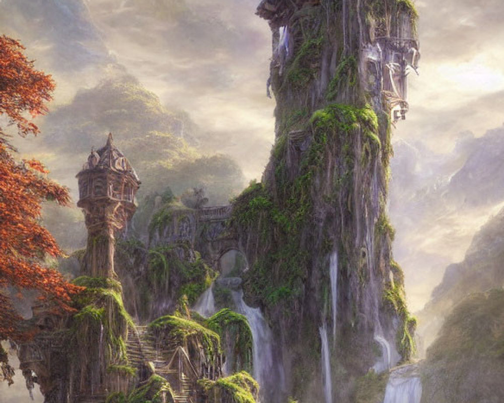 Towering castle on cliff with waterfalls and misty clouds