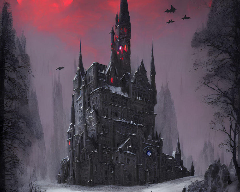 Gothic castle under blood-red moon in snowy landscape