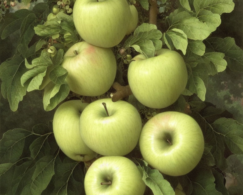 Cluster of Ripe Green Apples on Tree Branch