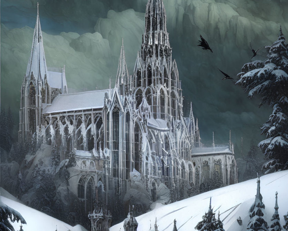 Gothic Cathedral in Snowy Landscape with Moonlit Sky