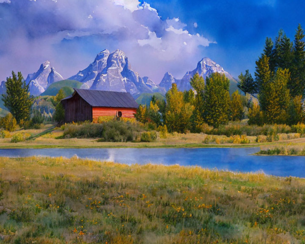 Serene red barn by lake with mountains and fields