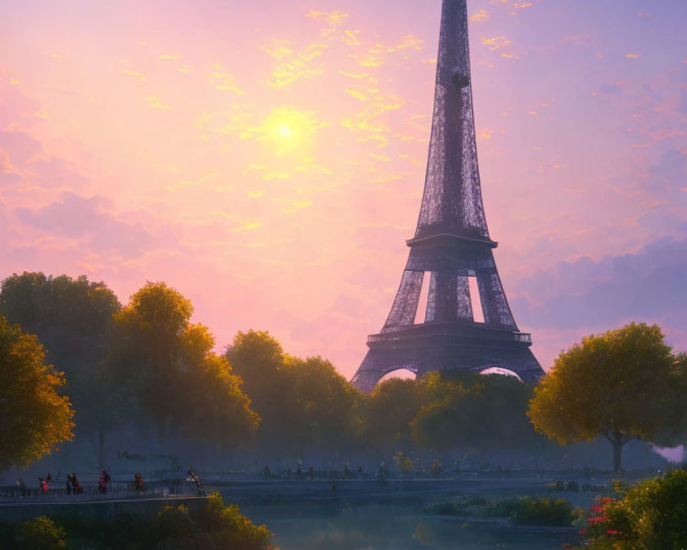 Scenic sunset view of Eiffel Tower by serene river