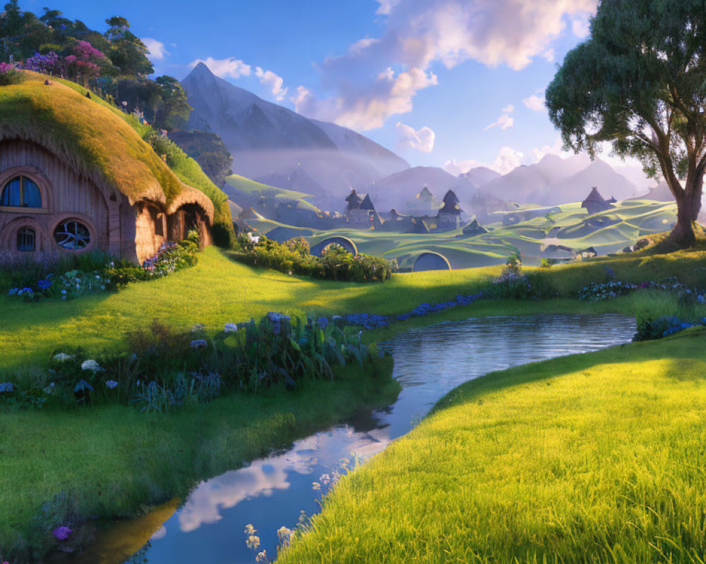 Tranquil river landscape with hobbit-style house and lush greenery