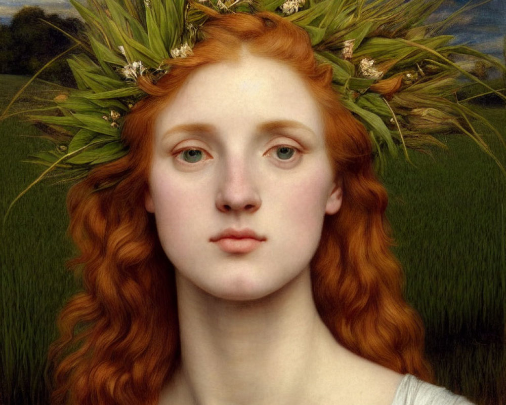 Portrait of Woman with Red Hair and Floral Wreath in Wheat Field