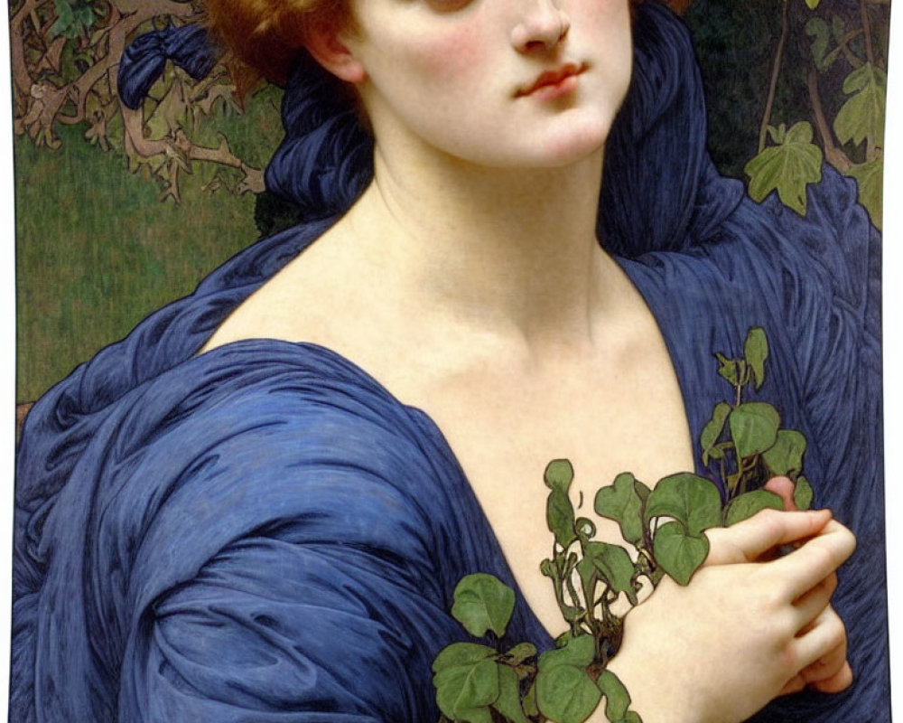 Portrait of Woman with Auburn Hair in Blue Garment Holding Ivy