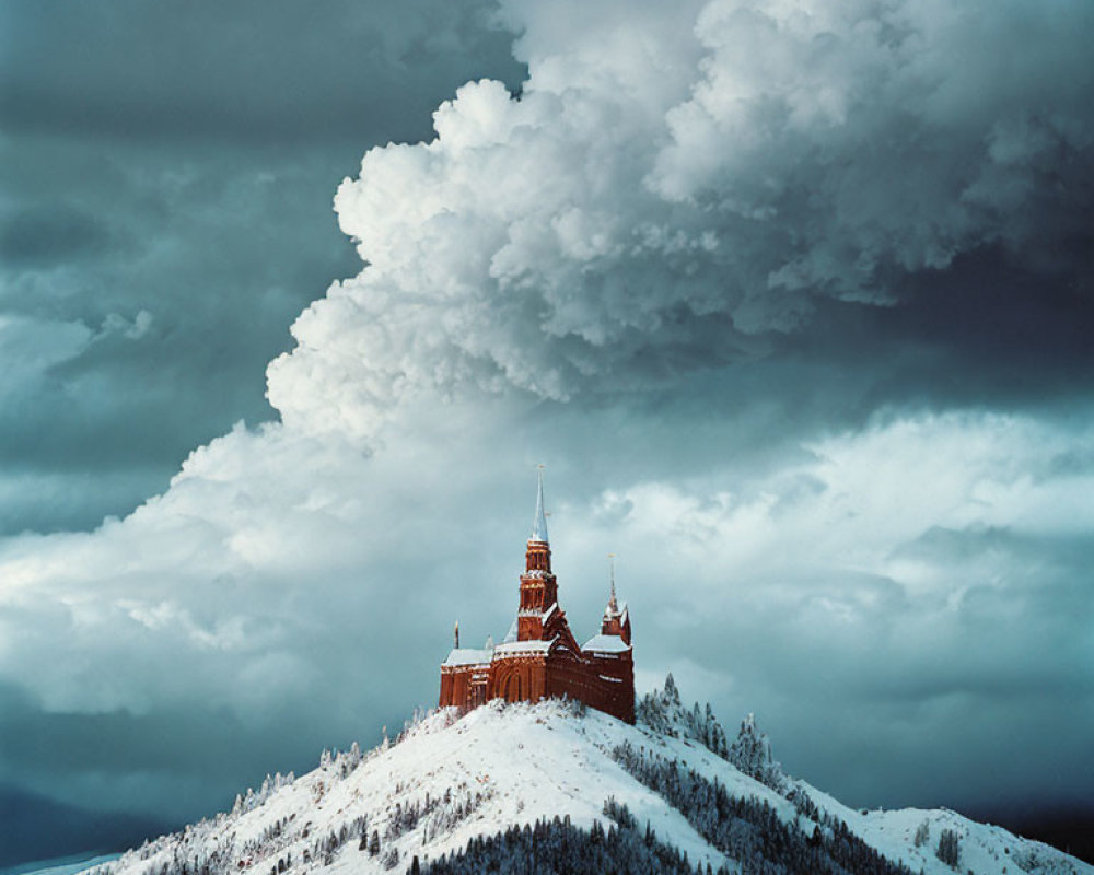 Snowy hilltop castle under gathering storm clouds