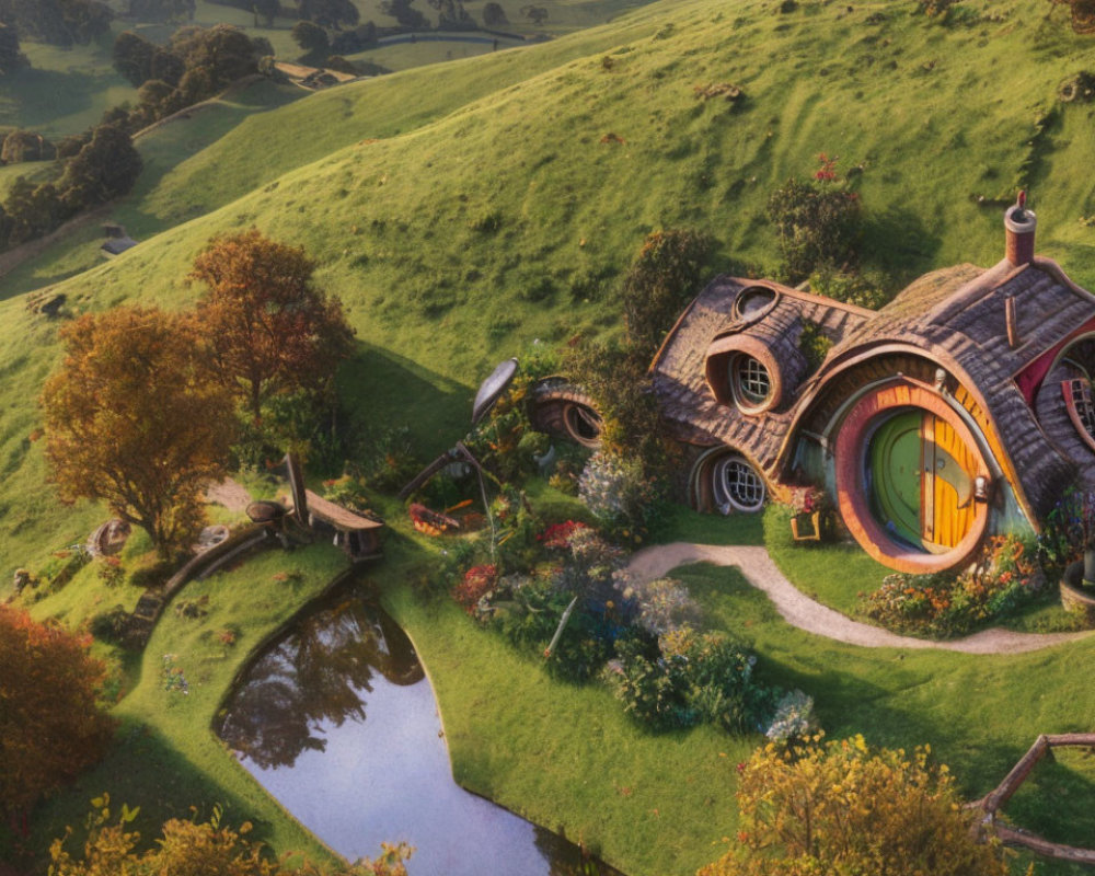 Hobbiton house with round orange door in lush green hills