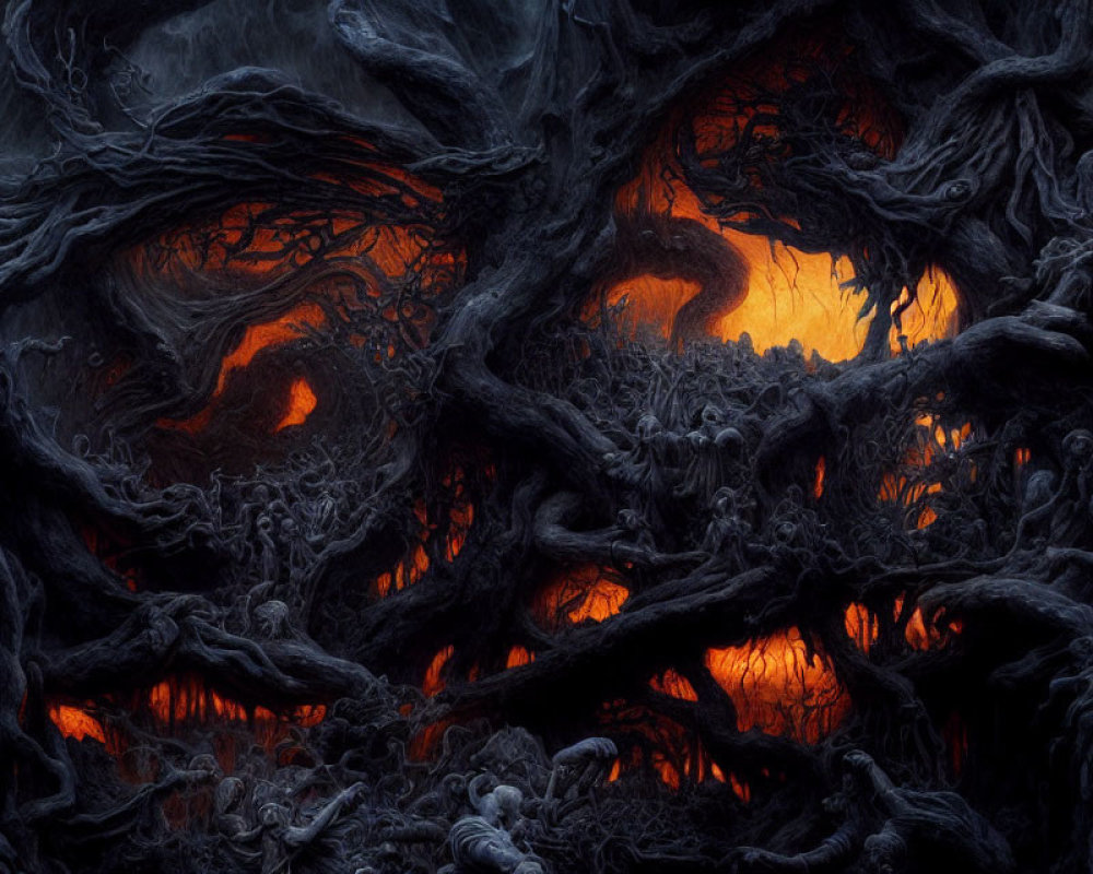 Fantastical fiery hellscape with twisted tree roots