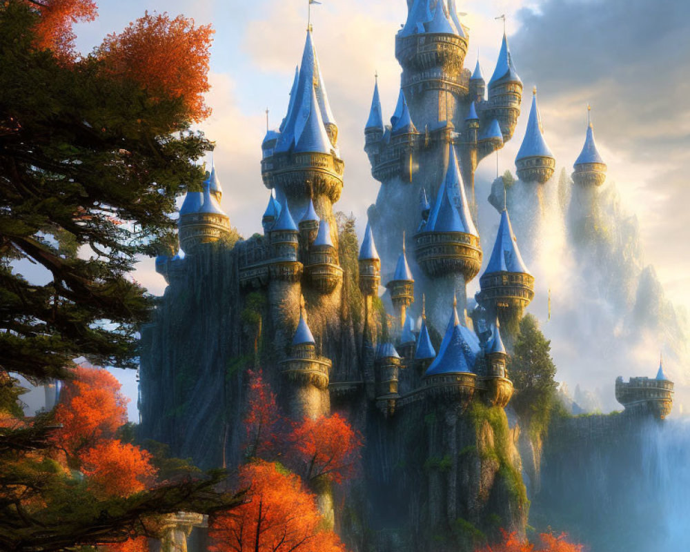 Majestic fantasy castle on cliff with autumn trees & warm light