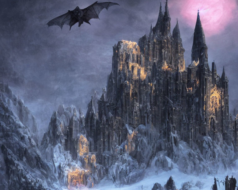 Gothic Castle in Icy Mountains with Pink Moon and Dragon