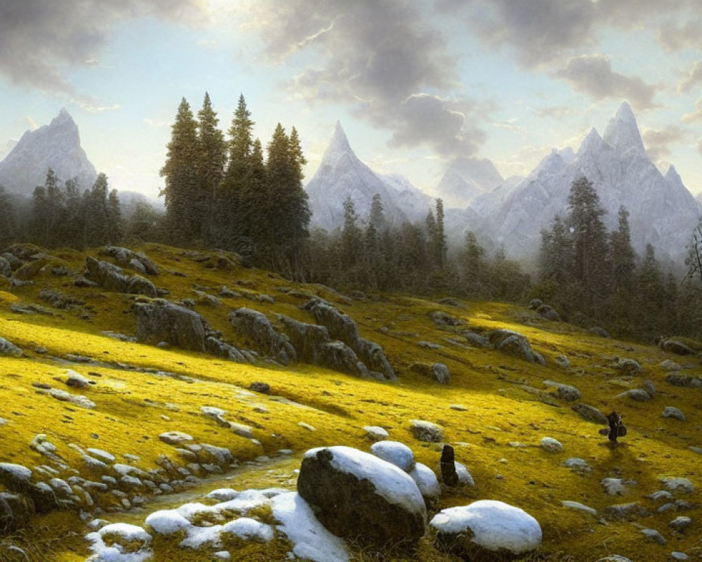 Golden meadow with sheep, evergreen trees, and snow-capped peaks in serene landscape