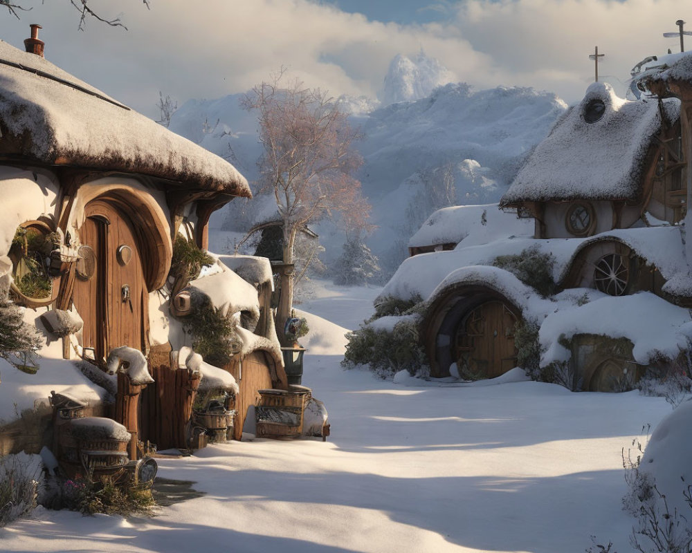 Snowy Landscape with Hobbit-Style Houses and Mountains