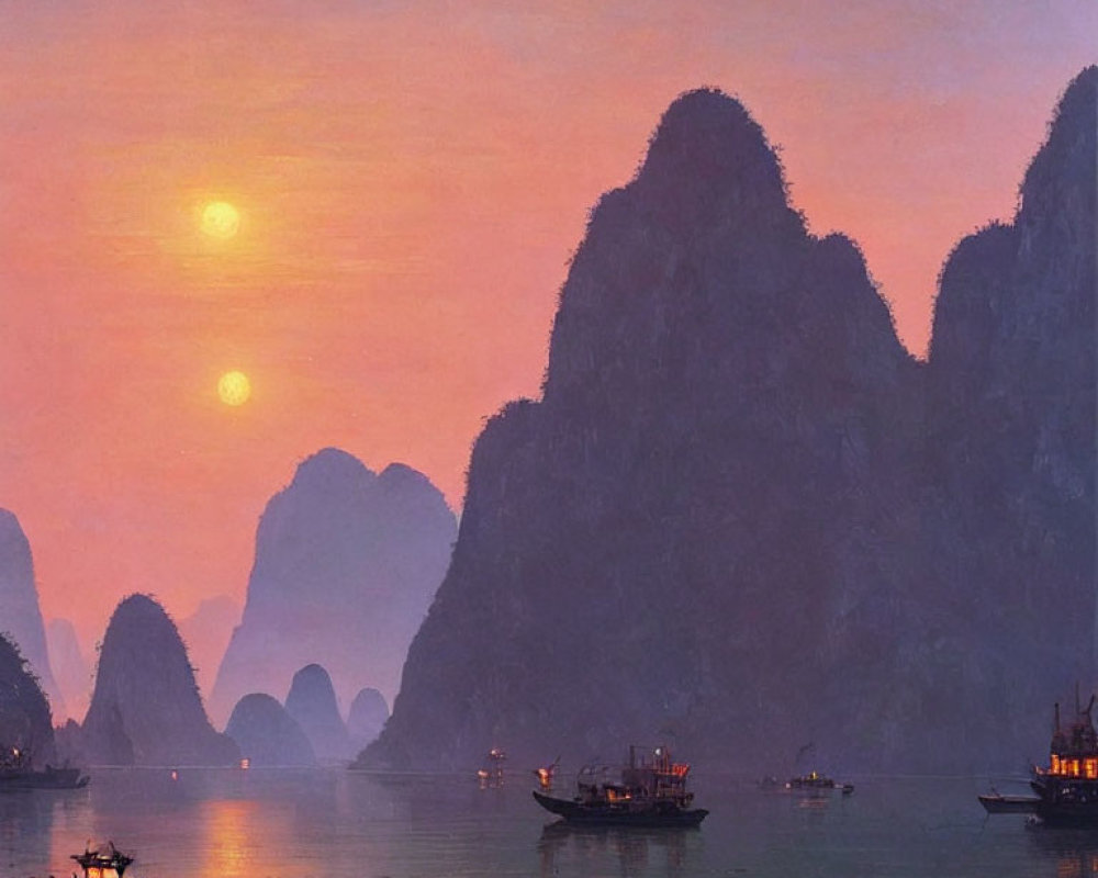 Sunset behind karst mountains reflected on water with floating boats in warm evening glow