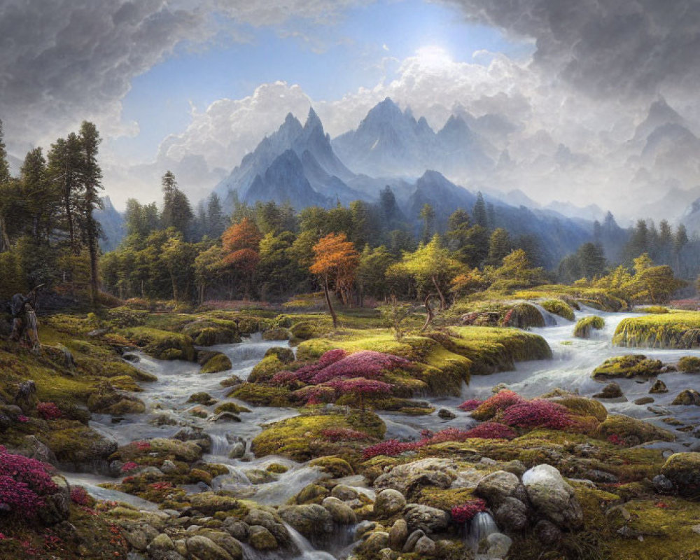 Tranquil landscape with babbling brook, pink flora, lush greenery, and mountain peaks