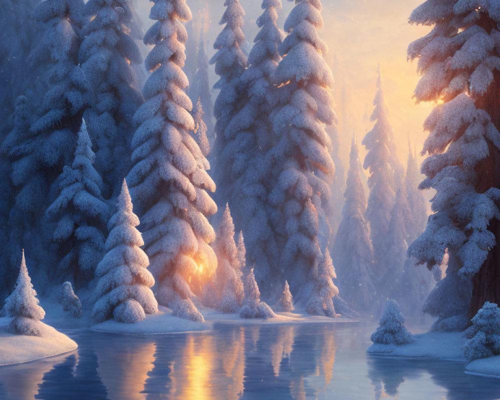 Snow-covered pine trees by reflective blue river at sunrise