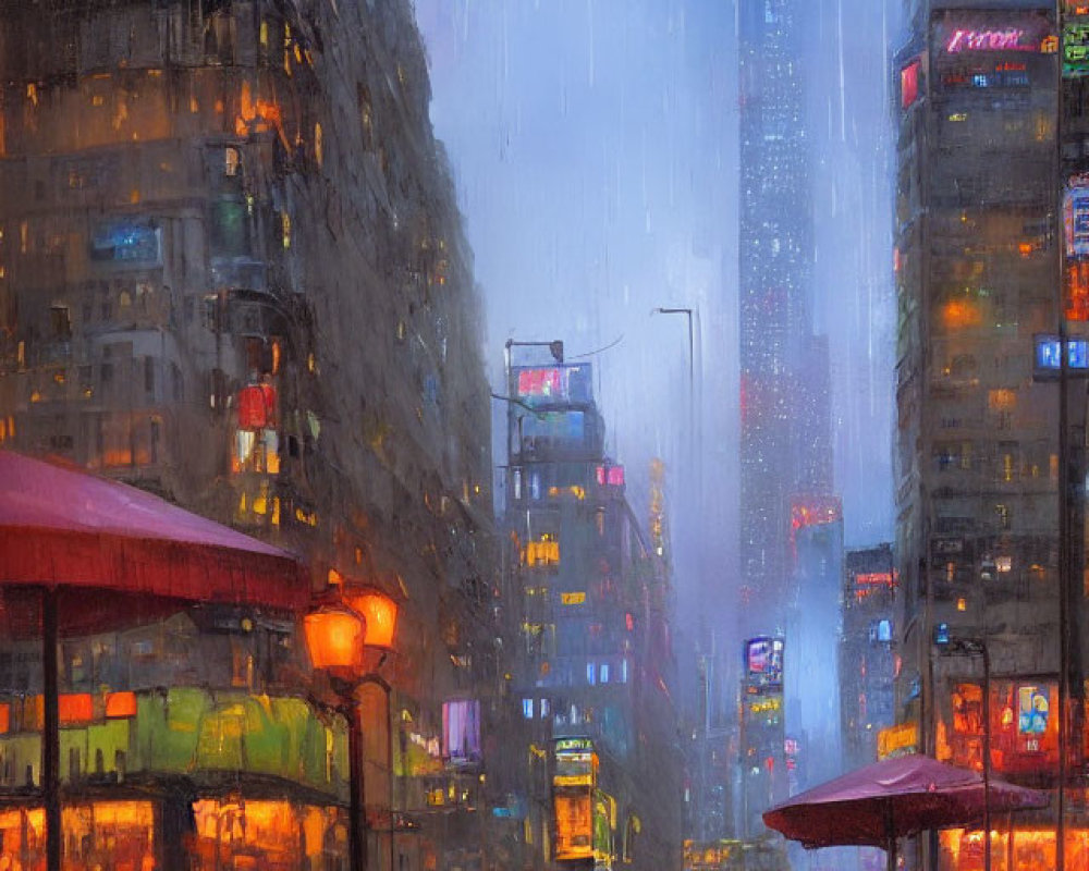 Rainy cityscape at dusk: storefronts, reflections, skyscrapers in mist