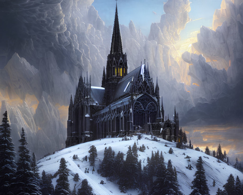 Gothic cathedral on snowy hill, pine trees, dramatic sky.