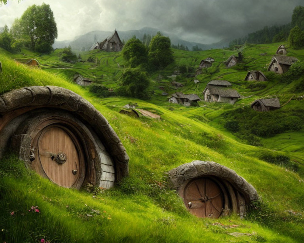 Lush green hills with grass-covered hobbit homes and round doors