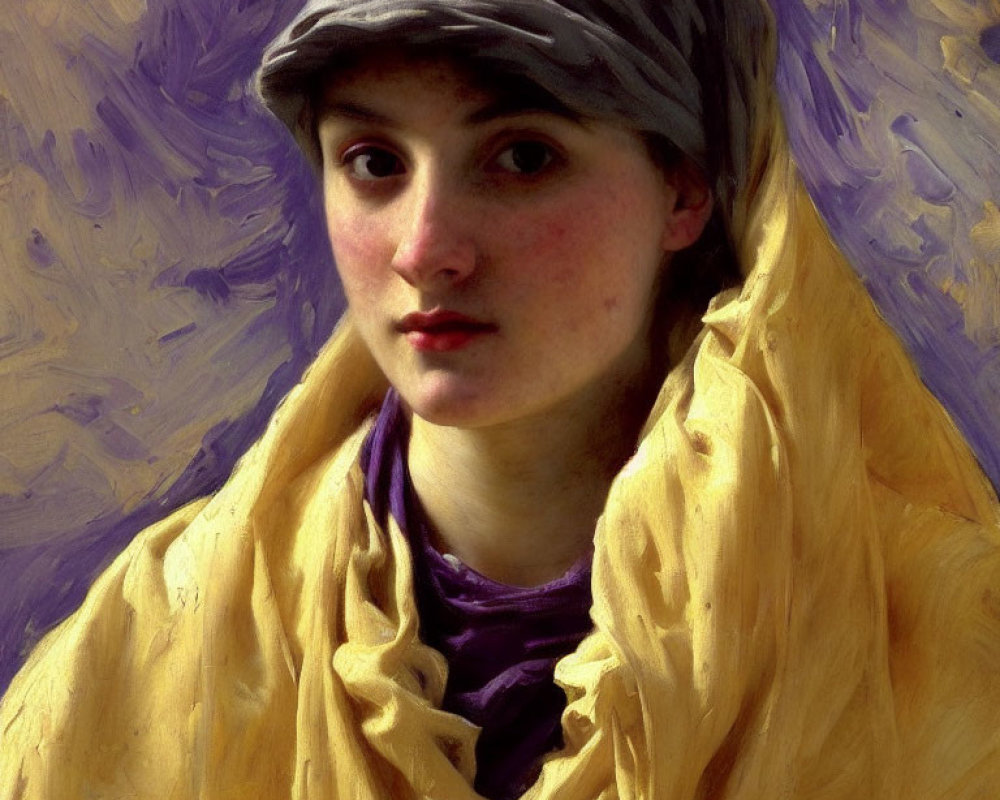 Young woman in yellow shawl and grey headscarf against purple background