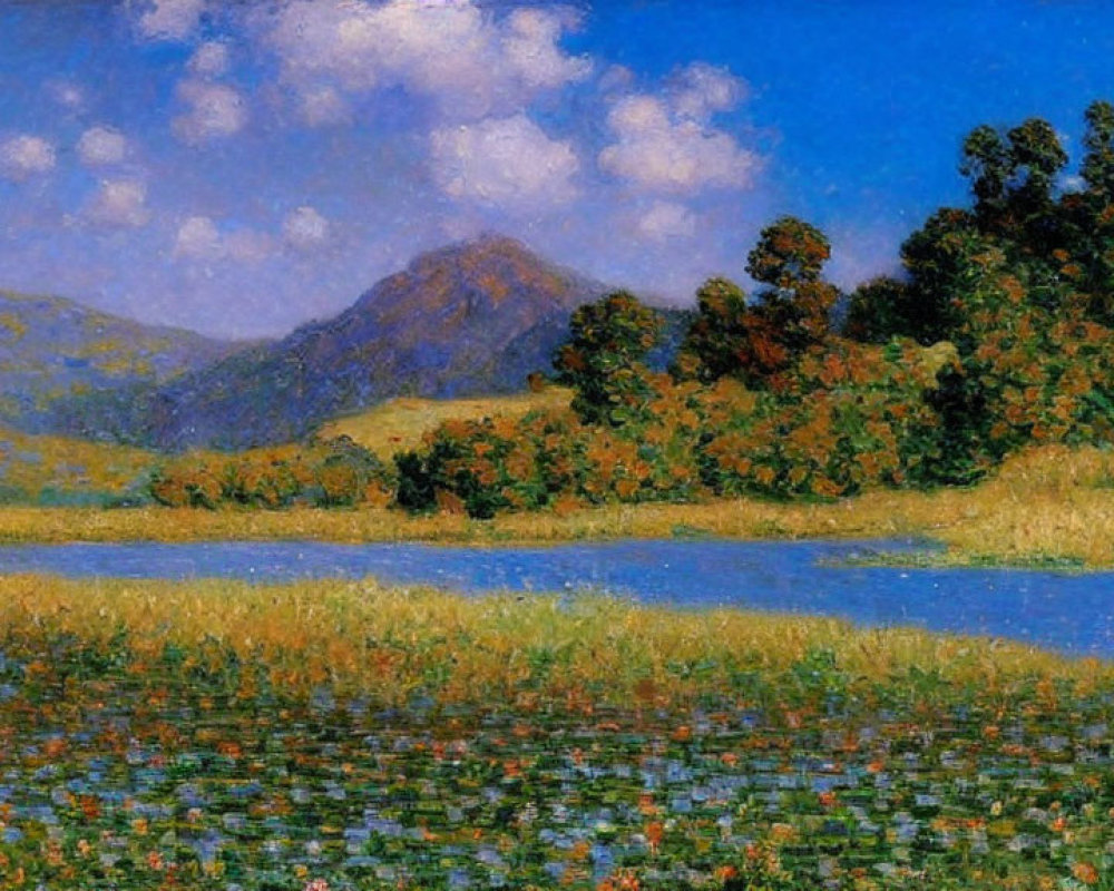 Tranquil lake with lily pads, trees, and mountain scenery